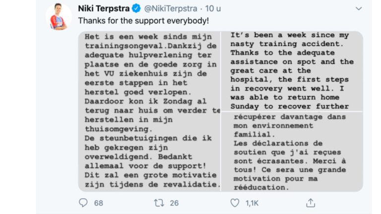 Wielrenner Niki Terpstra uit Bergen: “Bedankt allemaal voor de support!”